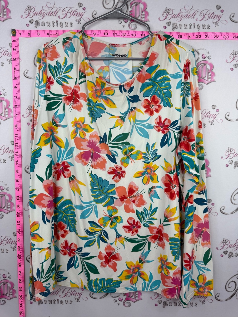 Lands' End shirt white Cream floral  Long-Sleeve Tropical Floral Tee